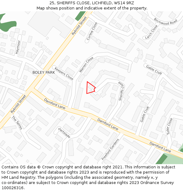 25, SHERIFFS CLOSE, LICHFIELD, WS14 9RZ: Location map and indicative extent of plot