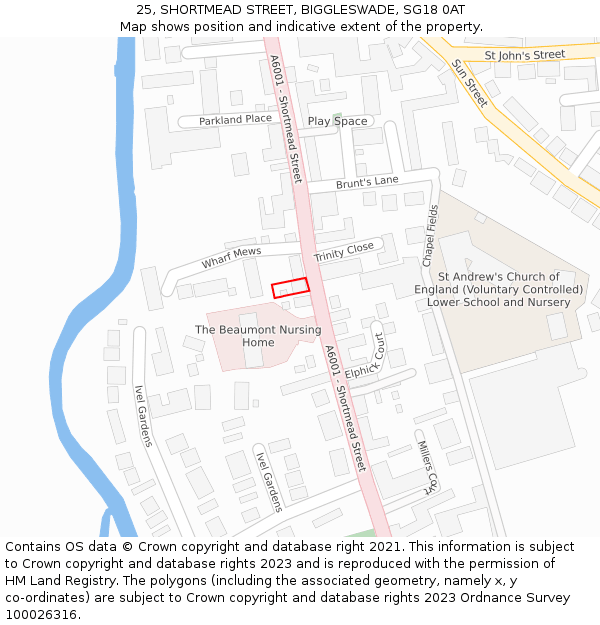 25, SHORTMEAD STREET, BIGGLESWADE, SG18 0AT: Location map and indicative extent of plot