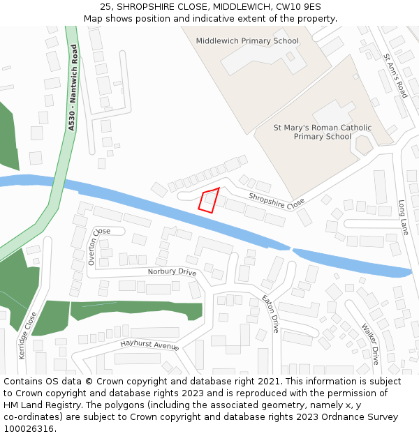 25, SHROPSHIRE CLOSE, MIDDLEWICH, CW10 9ES: Location map and indicative extent of plot