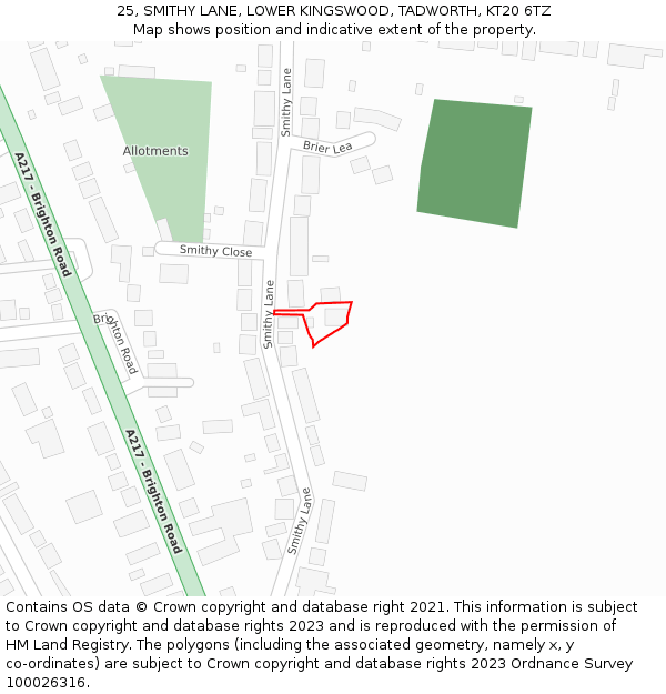 25, SMITHY LANE, LOWER KINGSWOOD, TADWORTH, KT20 6TZ: Location map and indicative extent of plot