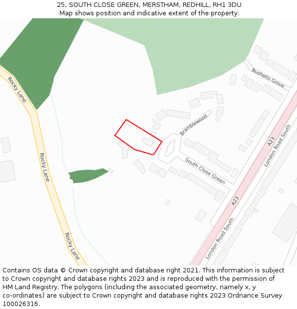 25, SOUTH CLOSE GREEN, MERSTHAM, REDHILL, RH1 3DU: Location map and indicative extent of plot