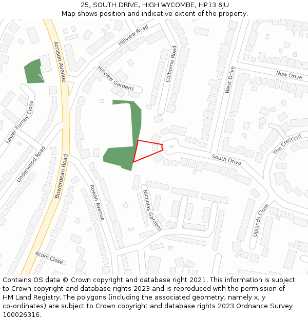 25, SOUTH DRIVE, HIGH WYCOMBE, HP13 6JU: Location map and indicative extent of plot