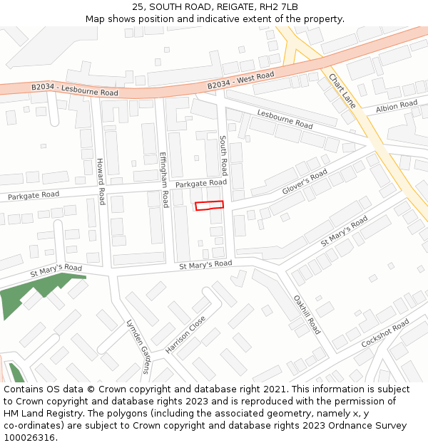 25, SOUTH ROAD, REIGATE, RH2 7LB: Location map and indicative extent of plot