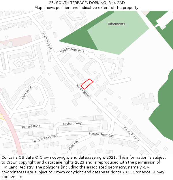 25, SOUTH TERRACE, DORKING, RH4 2AD: Location map and indicative extent of plot