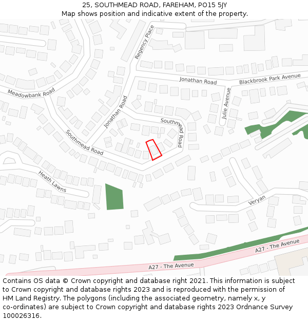 25, SOUTHMEAD ROAD, FAREHAM, PO15 5JY: Location map and indicative extent of plot