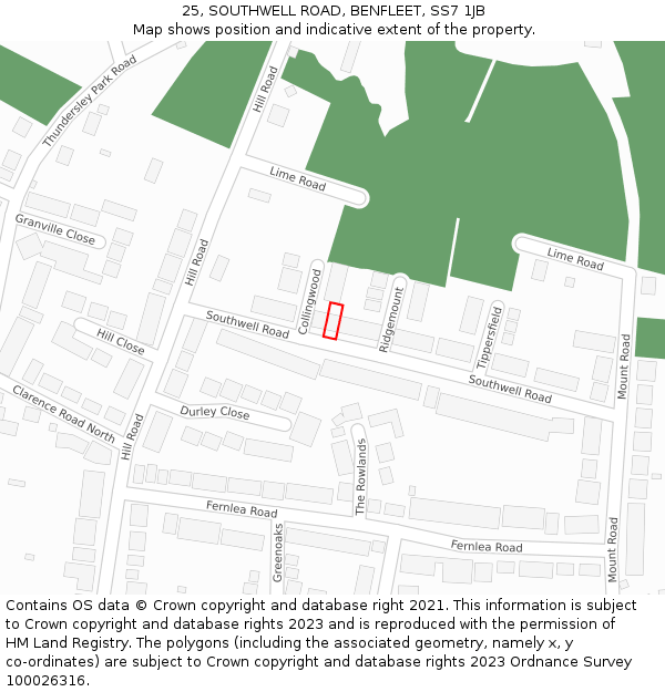 25, SOUTHWELL ROAD, BENFLEET, SS7 1JB: Location map and indicative extent of plot