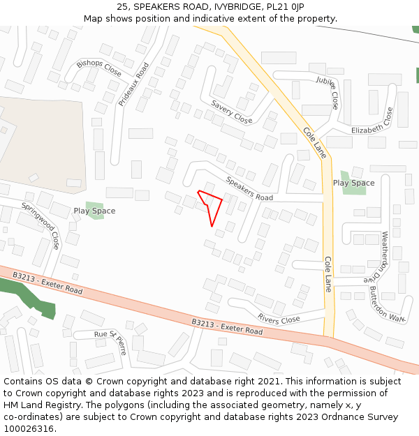 25, SPEAKERS ROAD, IVYBRIDGE, PL21 0JP: Location map and indicative extent of plot