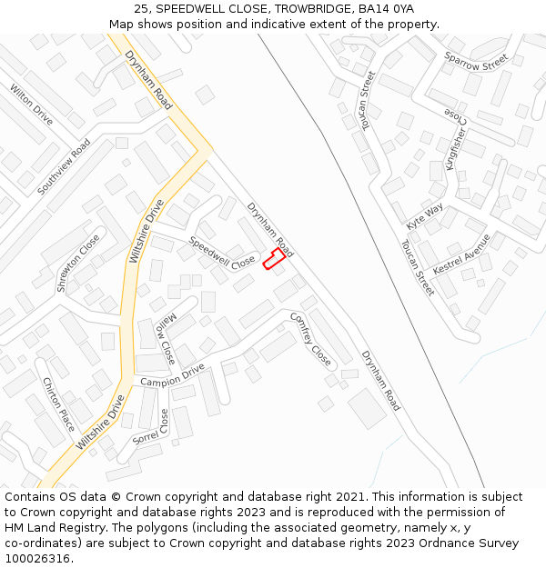 25, SPEEDWELL CLOSE, TROWBRIDGE, BA14 0YA: Location map and indicative extent of plot