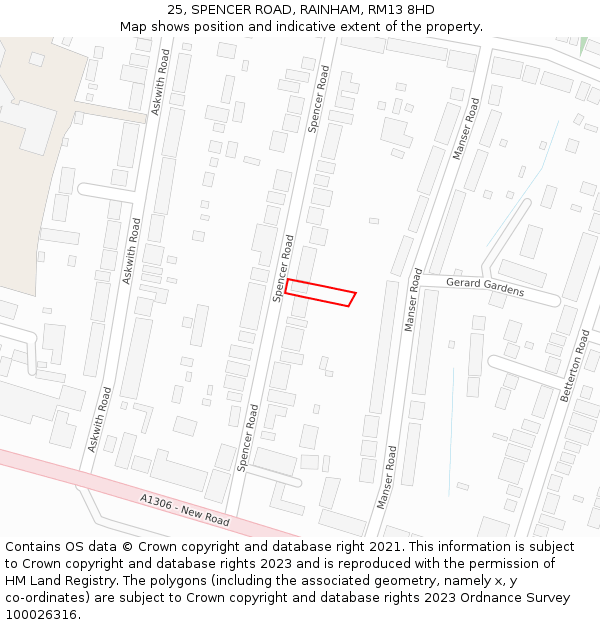 25, SPENCER ROAD, RAINHAM, RM13 8HD: Location map and indicative extent of plot