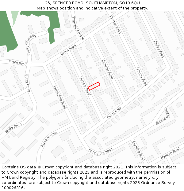 25, SPENCER ROAD, SOUTHAMPTON, SO19 6QU: Location map and indicative extent of plot