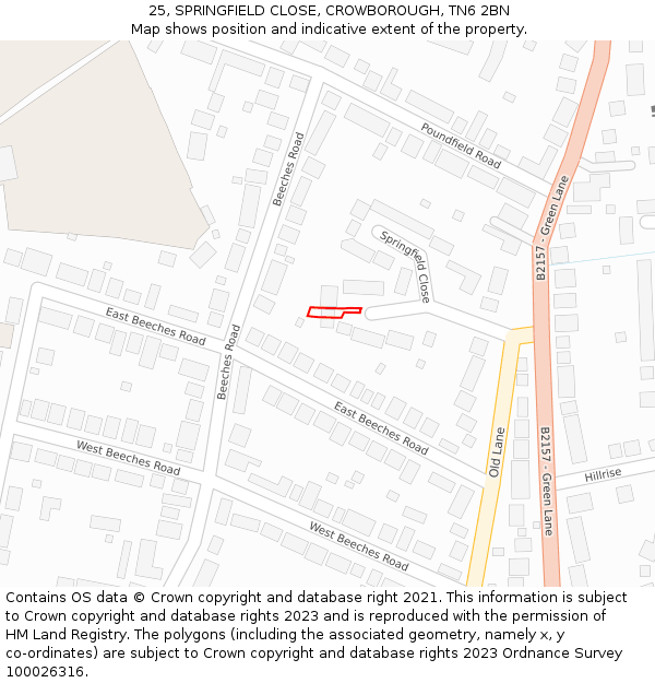 25, SPRINGFIELD CLOSE, CROWBOROUGH, TN6 2BN: Location map and indicative extent of plot