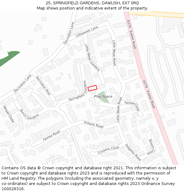 25, SPRINGFIELD GARDENS, DAWLISH, EX7 0RQ: Location map and indicative extent of plot