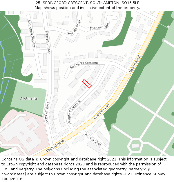 25, SPRINGFORD CRESCENT, SOUTHAMPTON, SO16 5LF: Location map and indicative extent of plot