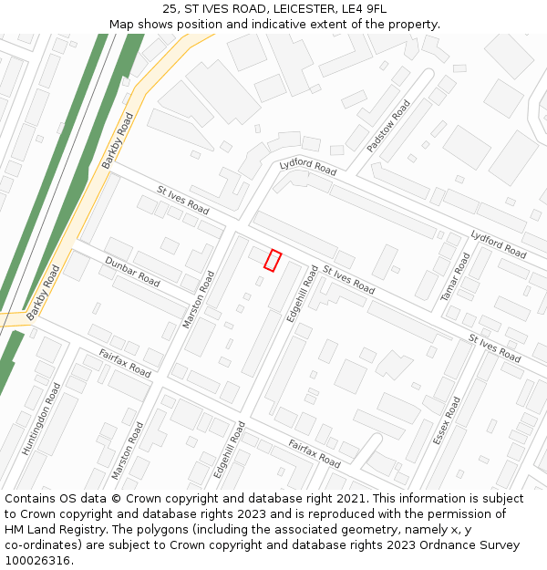 25, ST IVES ROAD, LEICESTER, LE4 9FL: Location map and indicative extent of plot