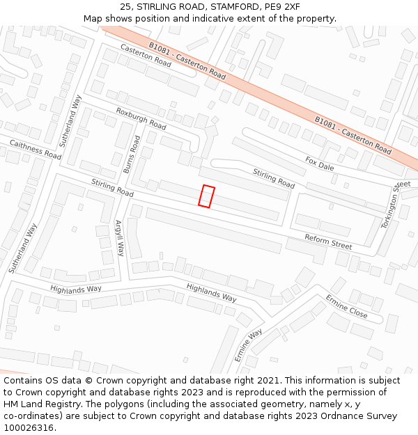 25, STIRLING ROAD, STAMFORD, PE9 2XF: Location map and indicative extent of plot