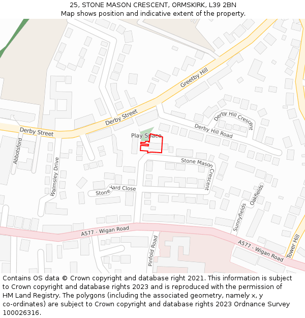 25, STONE MASON CRESCENT, ORMSKIRK, L39 2BN: Location map and indicative extent of plot