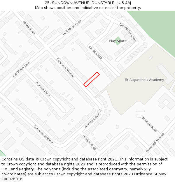 25, SUNDOWN AVENUE, DUNSTABLE, LU5 4AJ: Location map and indicative extent of plot