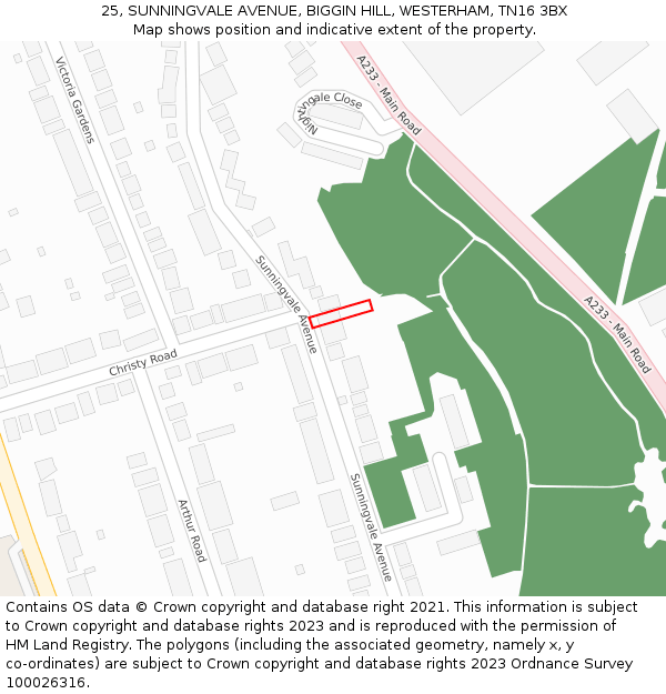 25, SUNNINGVALE AVENUE, BIGGIN HILL, WESTERHAM, TN16 3BX: Location map and indicative extent of plot