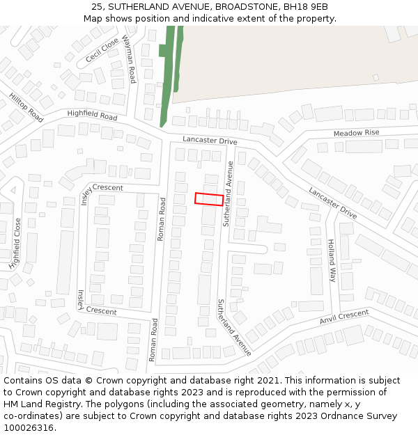 25, SUTHERLAND AVENUE, BROADSTONE, BH18 9EB: Location map and indicative extent of plot