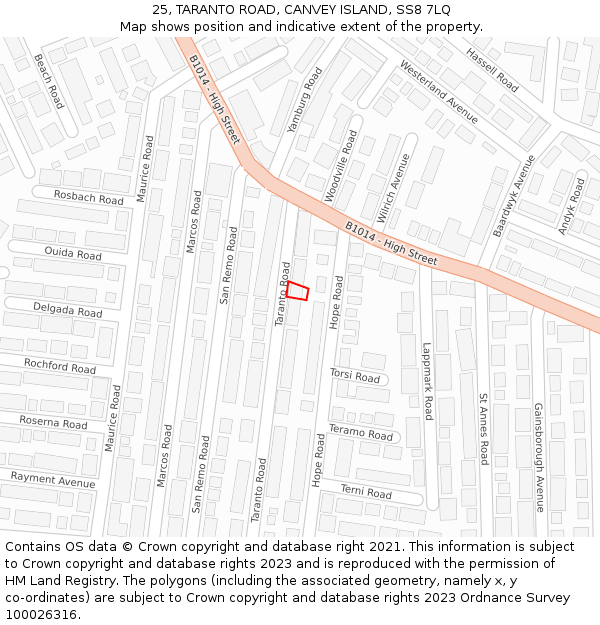 25, TARANTO ROAD, CANVEY ISLAND, SS8 7LQ: Location map and indicative extent of plot