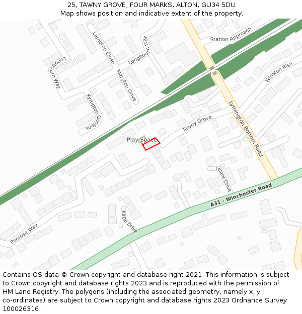 25, TAWNY GROVE, FOUR MARKS, ALTON, GU34 5DU: Location map and indicative extent of plot