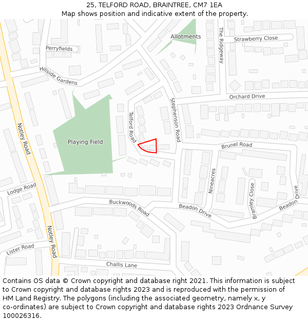25, TELFORD ROAD, BRAINTREE, CM7 1EA: Location map and indicative extent of plot