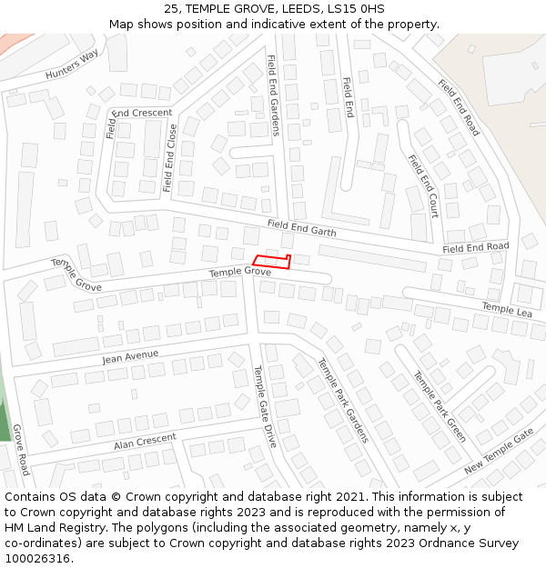 25, TEMPLE GROVE, LEEDS, LS15 0HS: Location map and indicative extent of plot