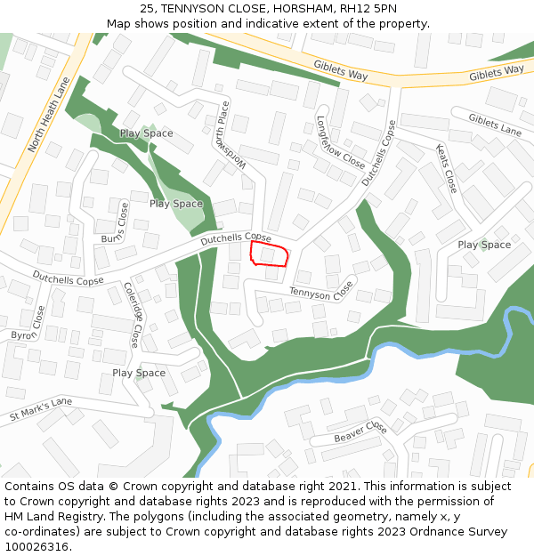 25, TENNYSON CLOSE, HORSHAM, RH12 5PN: Location map and indicative extent of plot