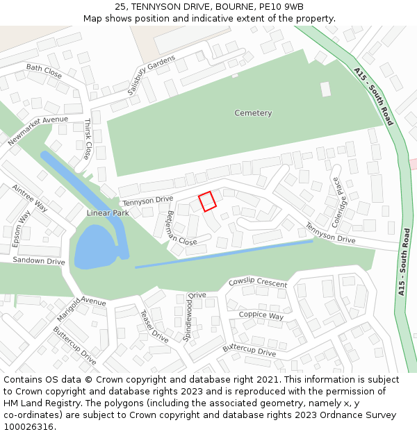 25, TENNYSON DRIVE, BOURNE, PE10 9WB: Location map and indicative extent of plot