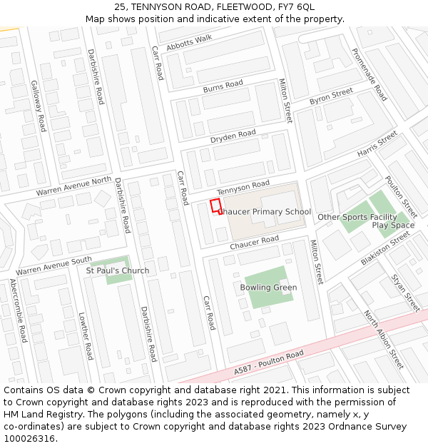 25, TENNYSON ROAD, FLEETWOOD, FY7 6QL: Location map and indicative extent of plot