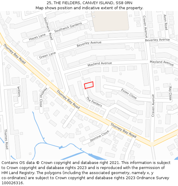 25, THE FIELDERS, CANVEY ISLAND, SS8 0RN: Location map and indicative extent of plot