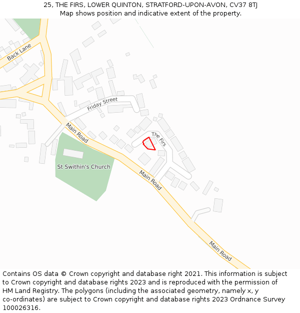 25, THE FIRS, LOWER QUINTON, STRATFORD-UPON-AVON, CV37 8TJ: Location map and indicative extent of plot