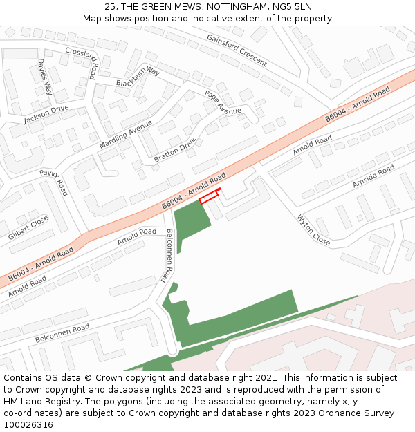 25, THE GREEN MEWS, NOTTINGHAM, NG5 5LN: Location map and indicative extent of plot