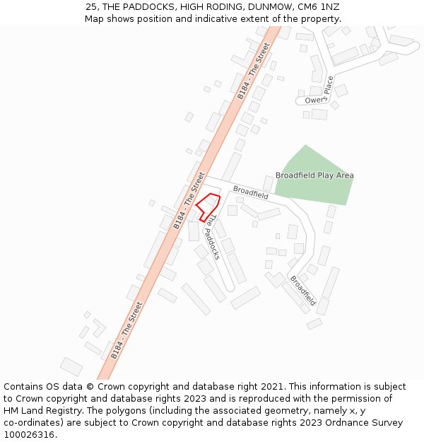 25, THE PADDOCKS, HIGH RODING, DUNMOW, CM6 1NZ: Location map and indicative extent of plot