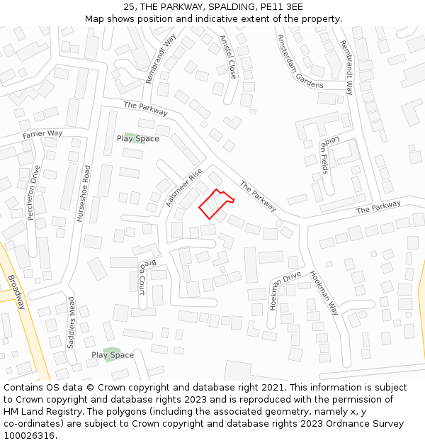 25, THE PARKWAY, SPALDING, PE11 3EE: Location map and indicative extent of plot