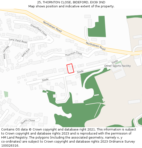 25, THORNTON CLOSE, BIDEFORD, EX39 3ND: Location map and indicative extent of plot