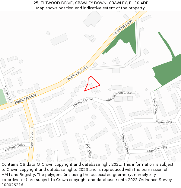 25, TILTWOOD DRIVE, CRAWLEY DOWN, CRAWLEY, RH10 4DP: Location map and indicative extent of plot