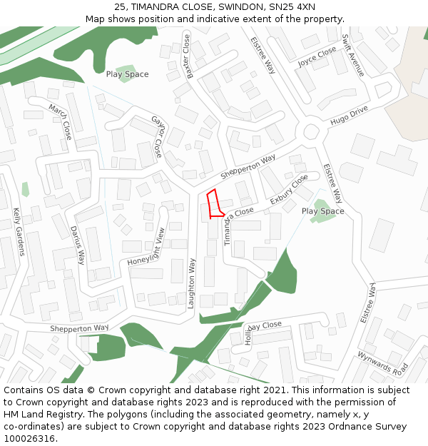 25, TIMANDRA CLOSE, SWINDON, SN25 4XN: Location map and indicative extent of plot