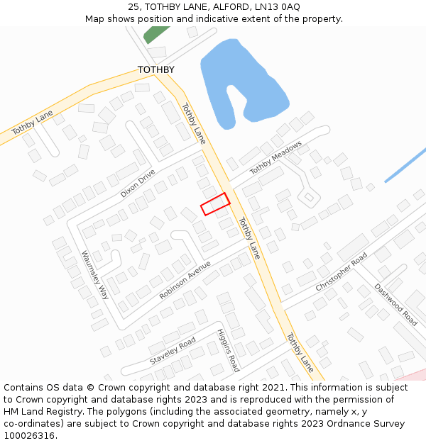 25, TOTHBY LANE, ALFORD, LN13 0AQ: Location map and indicative extent of plot