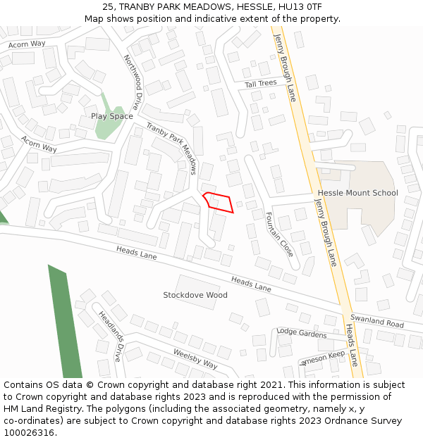 25, TRANBY PARK MEADOWS, HESSLE, HU13 0TF: Location map and indicative extent of plot