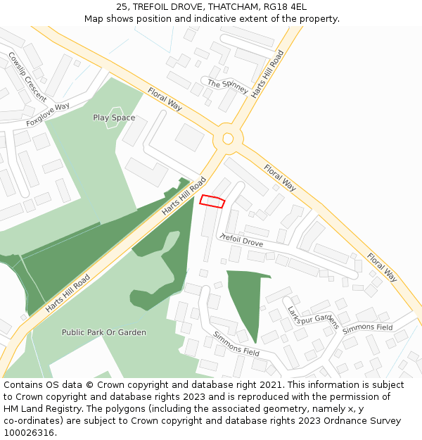 25, TREFOIL DROVE, THATCHAM, RG18 4EL: Location map and indicative extent of plot