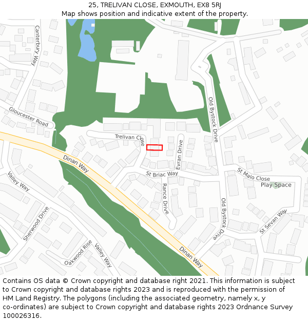 25, TRELIVAN CLOSE, EXMOUTH, EX8 5RJ: Location map and indicative extent of plot