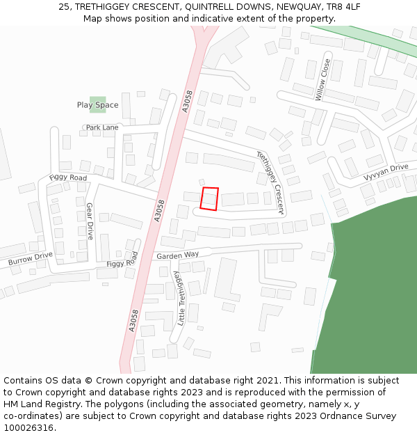 25, TRETHIGGEY CRESCENT, QUINTRELL DOWNS, NEWQUAY, TR8 4LF: Location map and indicative extent of plot