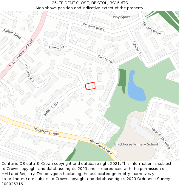 25, TRIDENT CLOSE, BRISTOL, BS16 6TS: Location map and indicative extent of plot