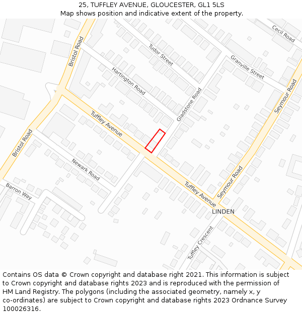 25, TUFFLEY AVENUE, GLOUCESTER, GL1 5LS: Location map and indicative extent of plot