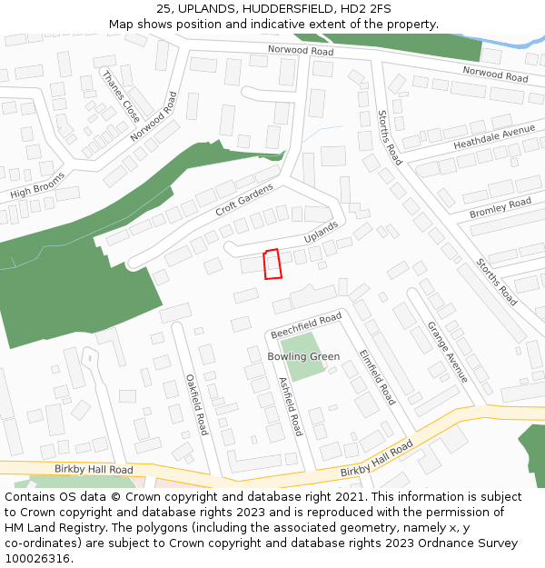 25, UPLANDS, HUDDERSFIELD, HD2 2FS: Location map and indicative extent of plot