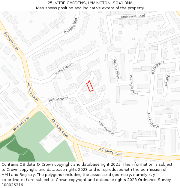 25, VITRE GARDENS, LYMINGTON, SO41 3NA: Location map and indicative extent of plot