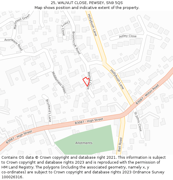 25, WALNUT CLOSE, PEWSEY, SN9 5QS: Location map and indicative extent of plot