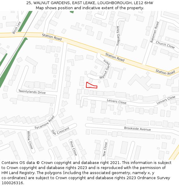 25, WALNUT GARDENS, EAST LEAKE, LOUGHBOROUGH, LE12 6HW: Location map and indicative extent of plot