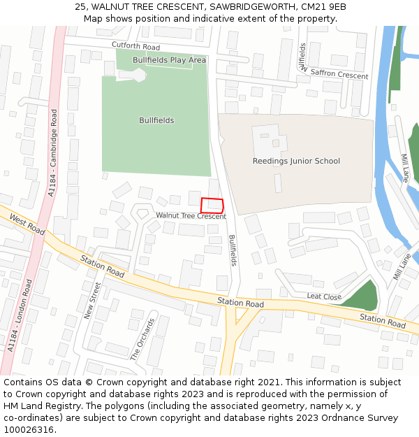 25, WALNUT TREE CRESCENT, SAWBRIDGEWORTH, CM21 9EB: Location map and indicative extent of plot